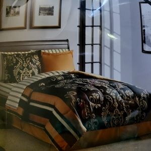 8 Piece King Size Bed Ensemble, Gold, Black, Tan